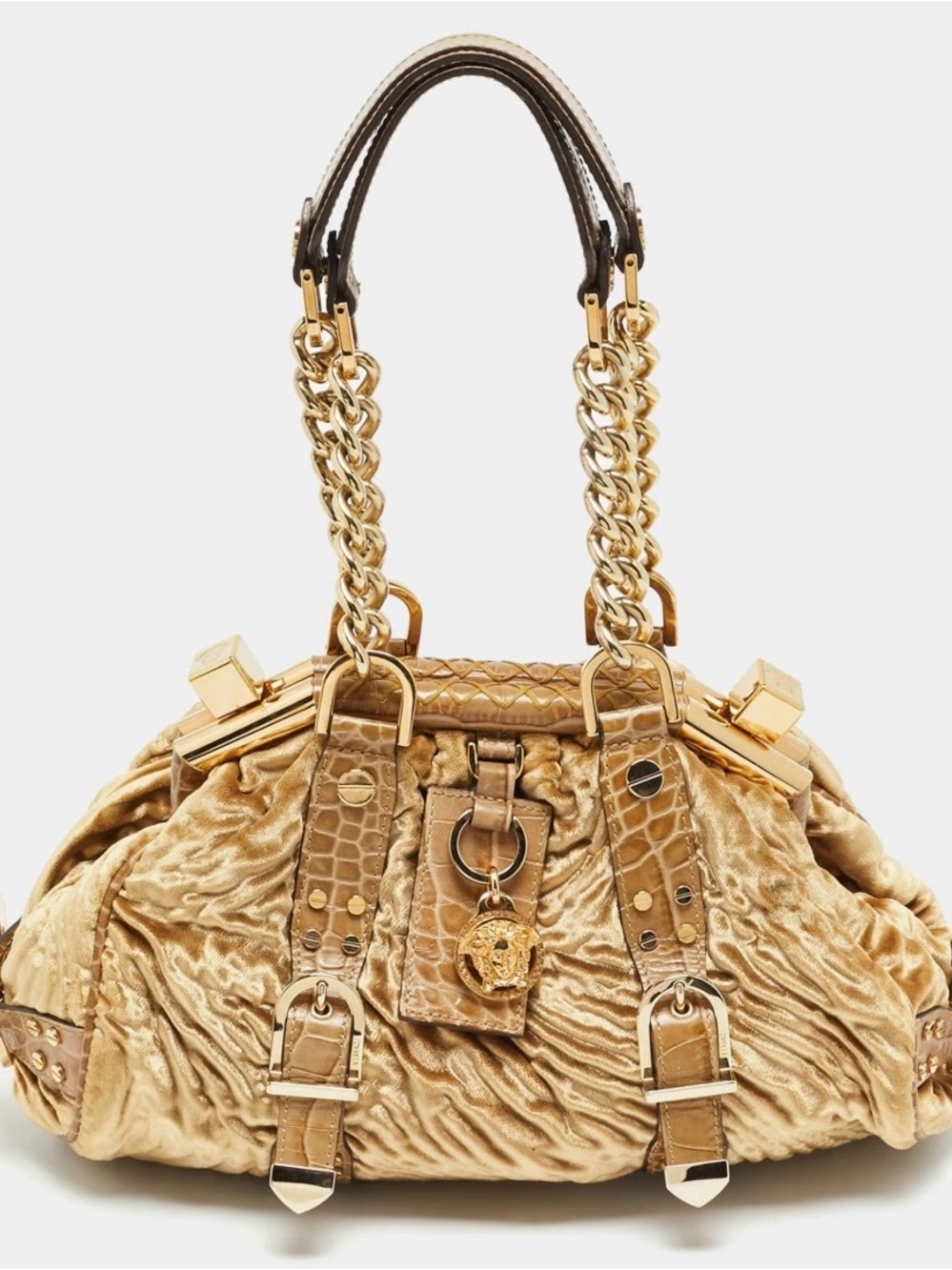 Versace Madonna Gold Croc Embossed Leather and Velvet Satchel